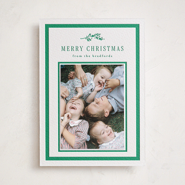 "Glen" - Letterpress Holiday Photo Mount Cards in Racing Green by Amy Kross - Front