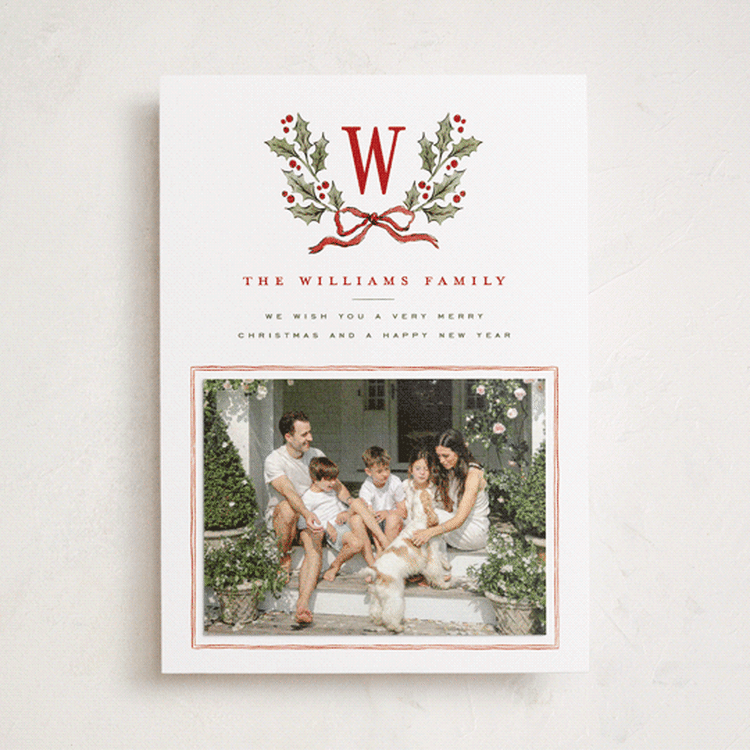 "Holly Monogram" - Holiday Photo Mount Cards in Holly Berry by Wildfield Paper Co - Front