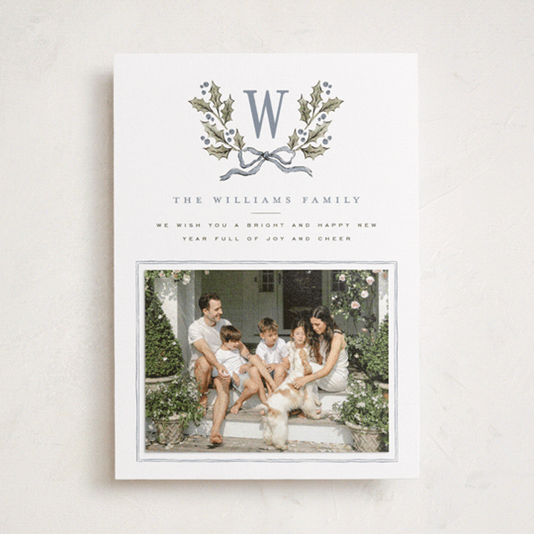"Holly Monogram" - Holiday Photo Mount Cards in Blue Spruce by Wildfield Paper Co - Front