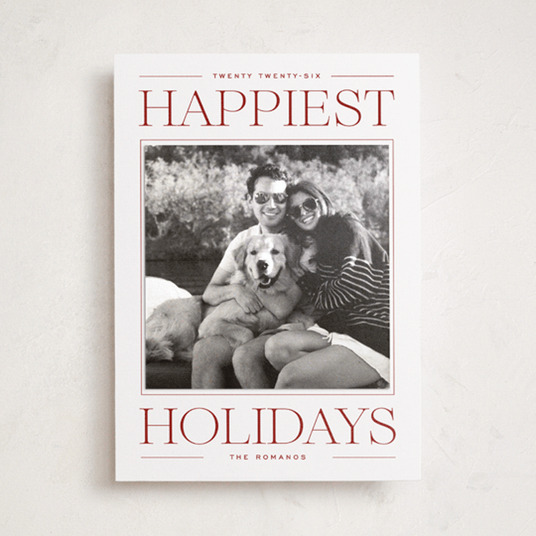 "Modern Editorial" - Holiday Photo Mount Cards in Cranberry by Ekko Studio - Front