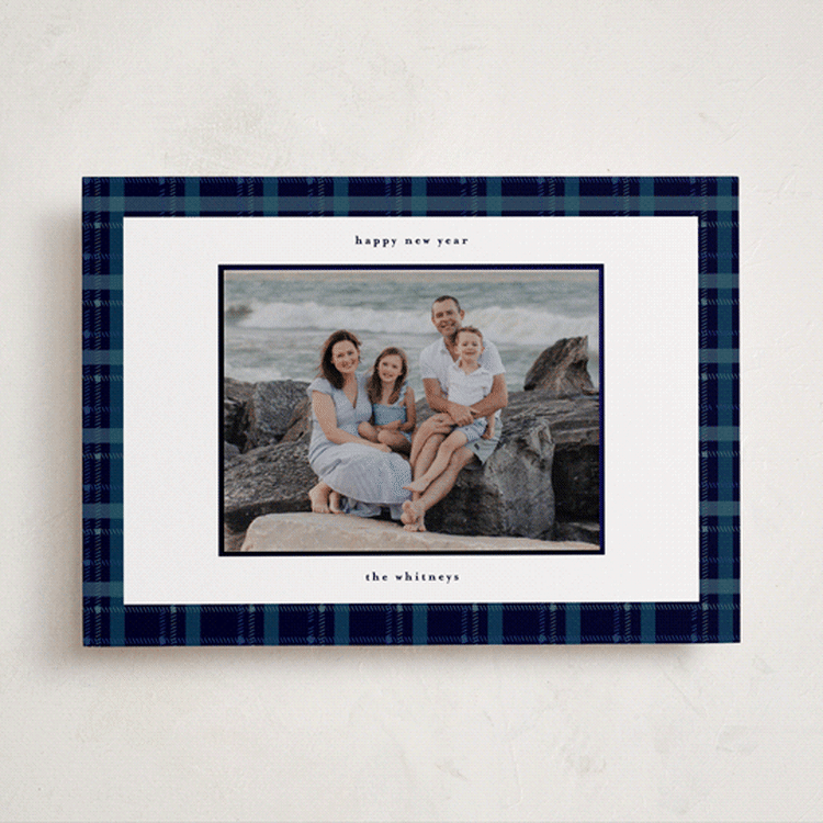 "Plaid Peace" - Holiday Photo Mount Cards in Navy by Makewells - Front