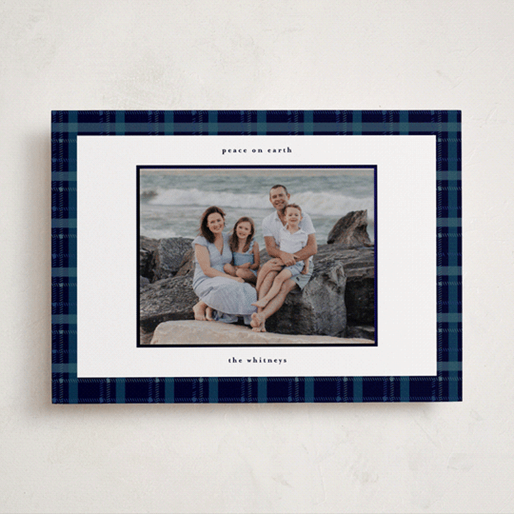 "Plaid Peace" - Holiday Photo Mount Cards in Navy by Makewells - Front