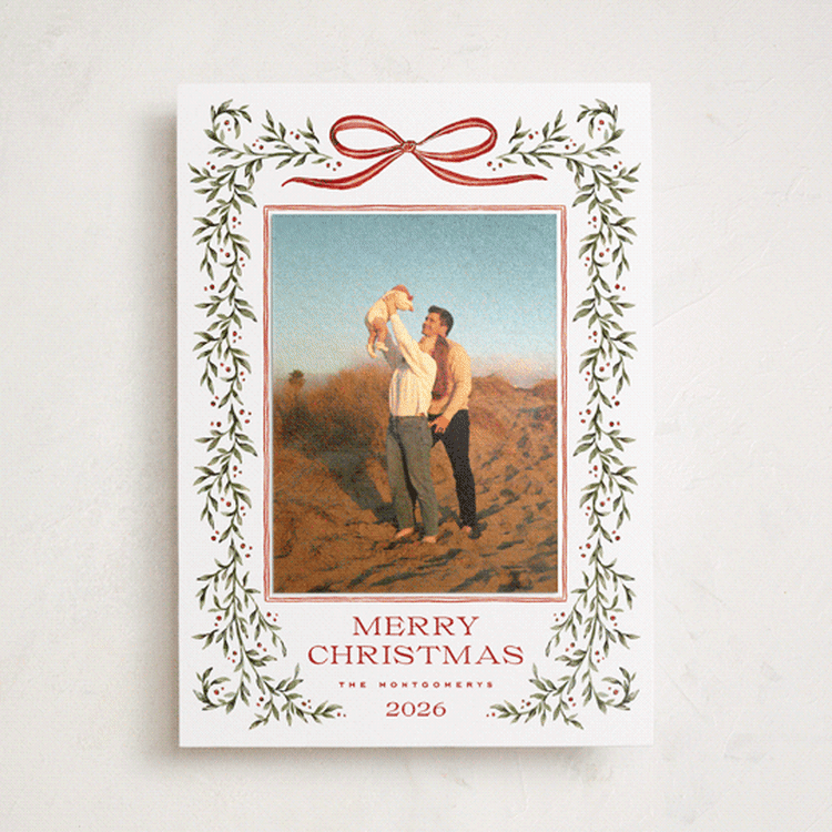 "Laurel Wreath" - Holiday Photo Mount Cards in Holly Berry by Wildfield Paper Co - Front