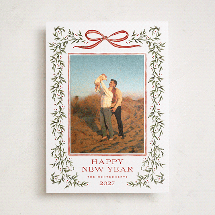 "Laurel Wreath" - Holiday Photo Mount Cards in Holly Berry by Wildfield Paper Co - Front