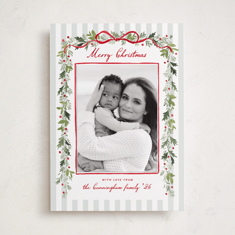 "Greenery Drape" - Holiday Photo Mount Cards in Peppermint by Everett Paper Goods - Front