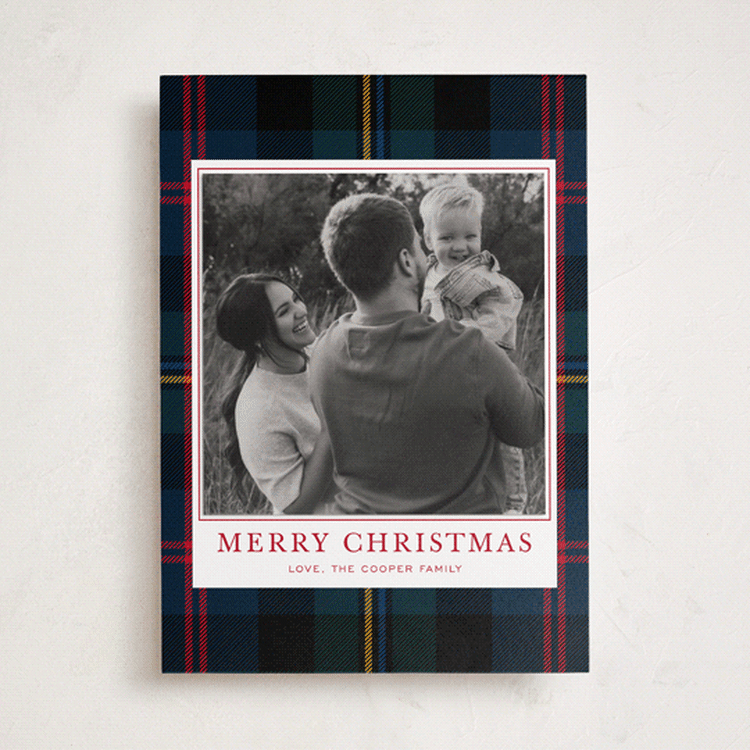 "Traditional Plaid" - Holiday Photo Mount Cards in Navy by Ilene Guy - Front