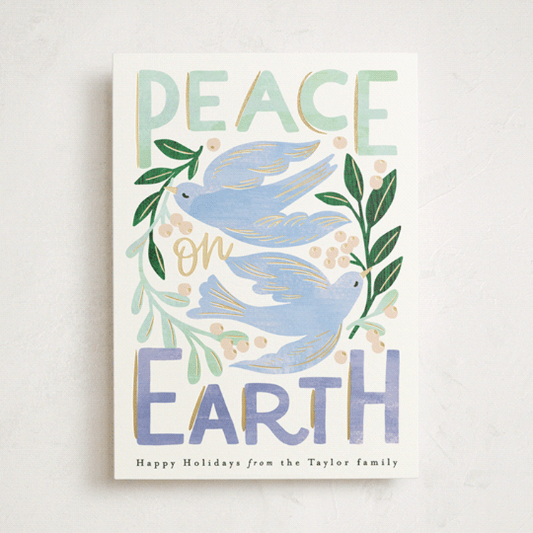 "Peace on Earth Birds" - Holiday Cards in Periwinkle by Alethea and Ruth - Front
