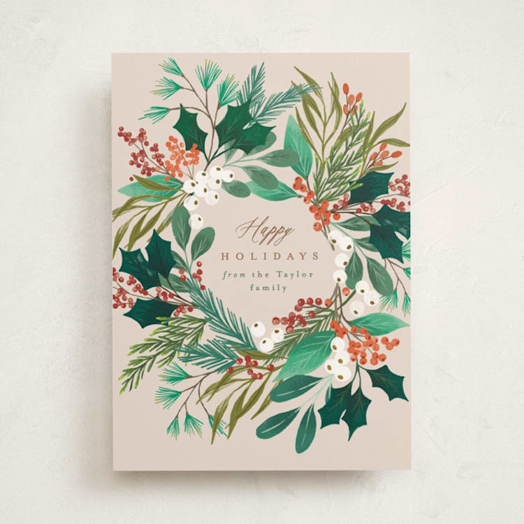 "Foliage Wreath" - Holiday Cards in Buttercream by Alethea and Ruth - Front
