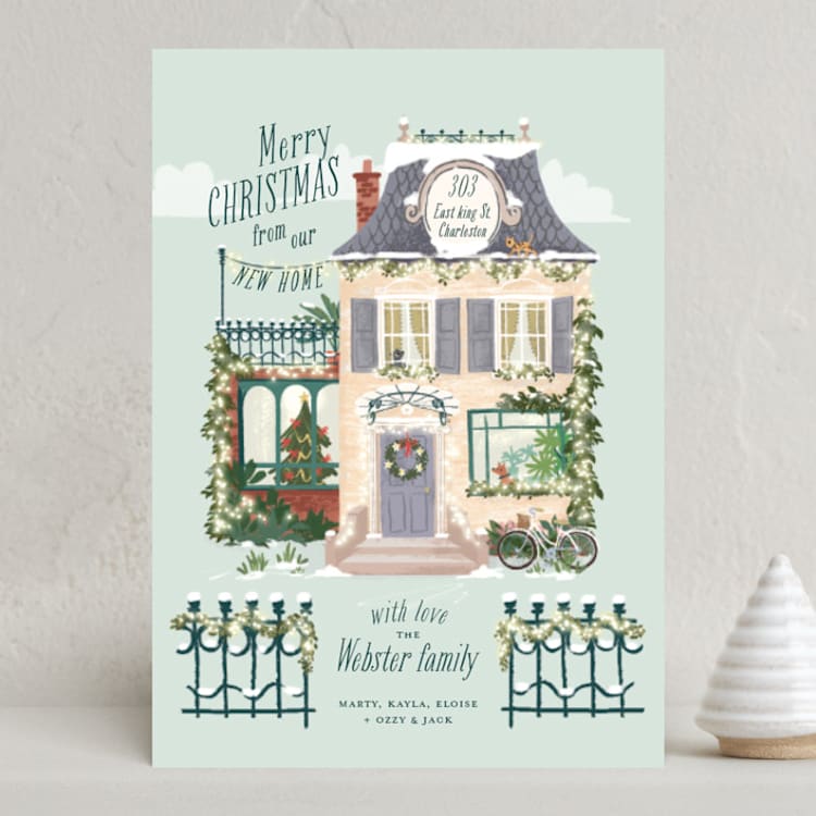 "Little Festive House" - Holiday Cards in Mint by Leia Matt - Front