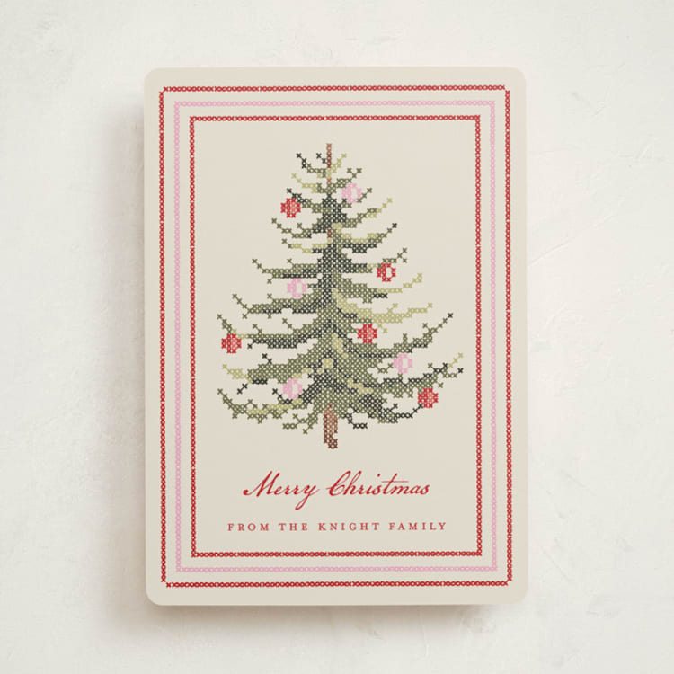 "Needlepoint Tree" - Holiday Cards in Poinsettia by Sarah Knight - Front