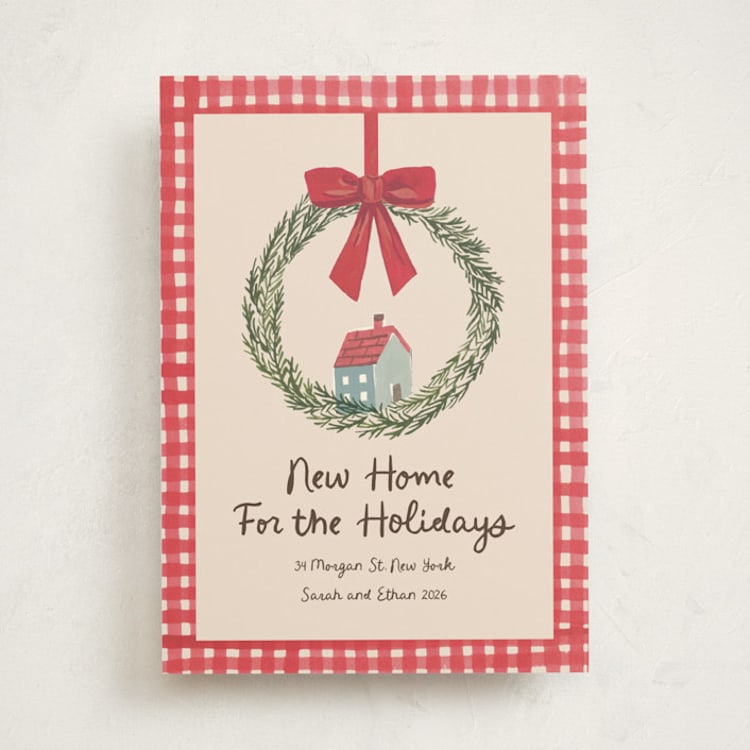 "New Home Wreath" - Holiday Cards in Berry by Teju Reval - Front