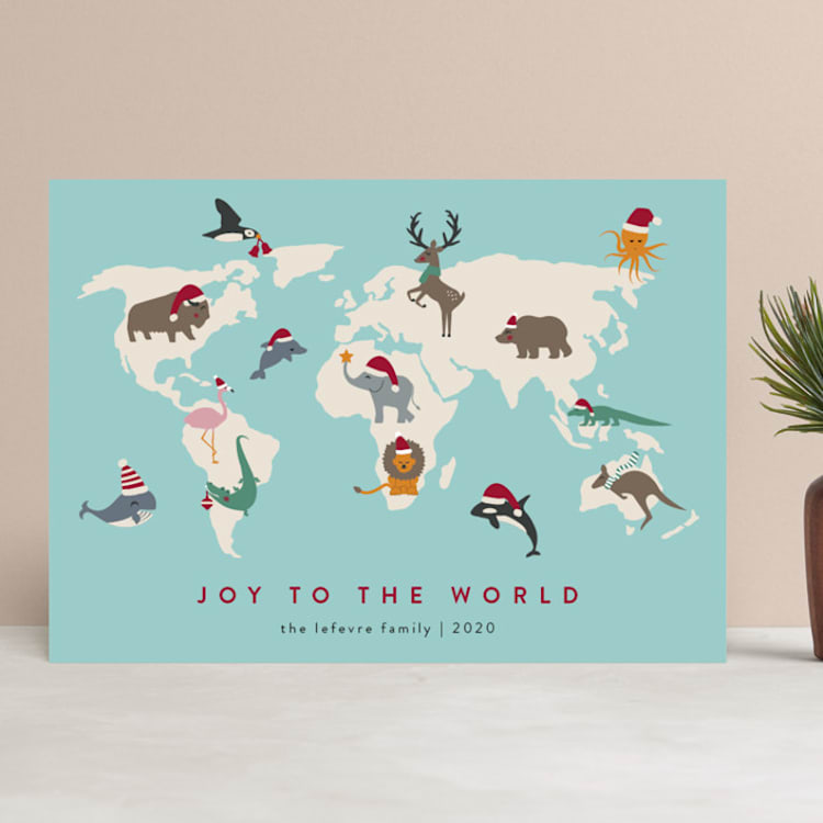 "Joy to the World" - Holiday Cards in Aqua by Kampai Designs - Front