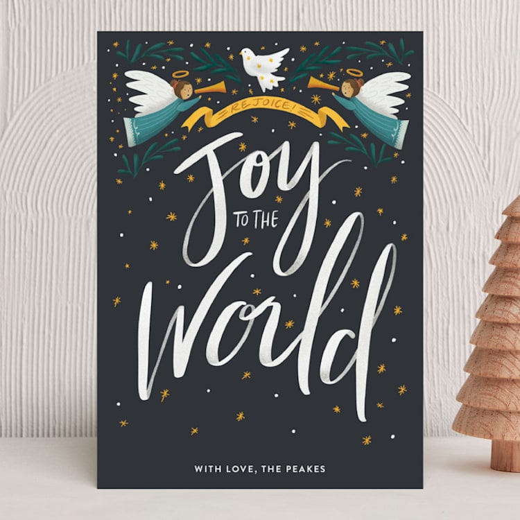"Joy to the World and to You and Me" - Holiday Cards in Slate by Ana Peake - Front
