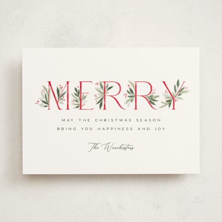 "Botanical Merry" - Holiday Cards in Santa Suit by Paula Pecevich - Front