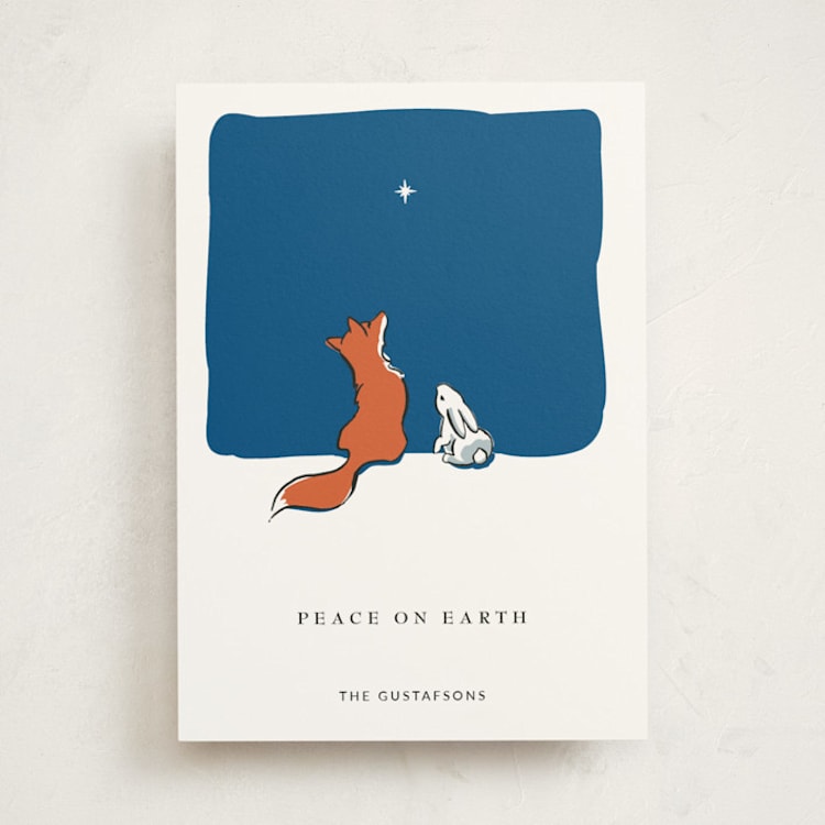 "Peace on Earth fox and rabbit" - Holiday Cards in Twilight by Diane Pearse - Front