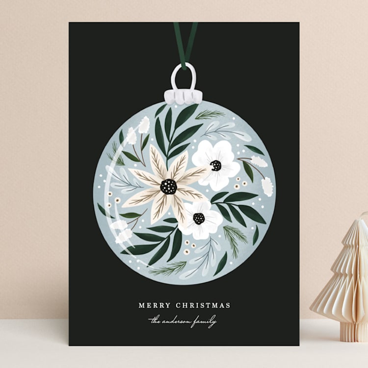 "Floral Bulb" - Holiday Cards in Dusty Blue by Megan Cash - Front