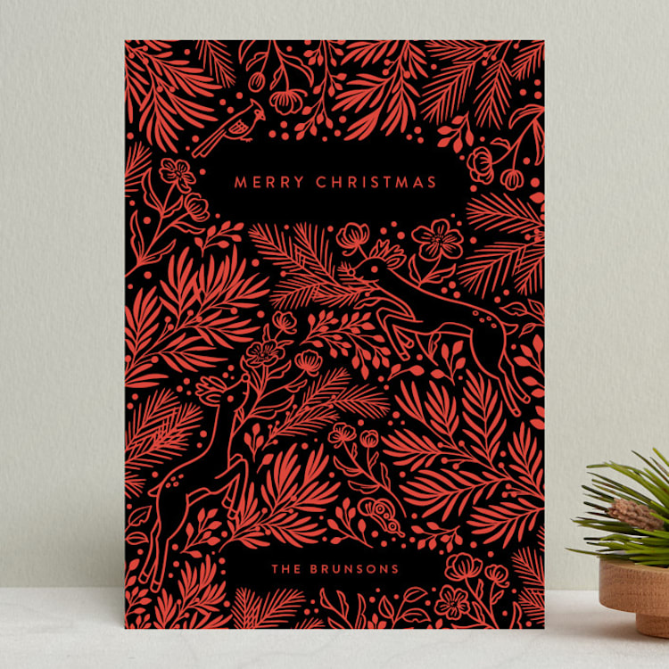 "Leaping Reindeers" - Holiday Cards in Santa Red by Shannon Chen of Four Wet Feet Studio - Front