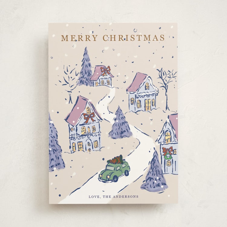 "Snowy Village Drive" - Holiday Cards in Winter Spruce by Cass Loh - Front