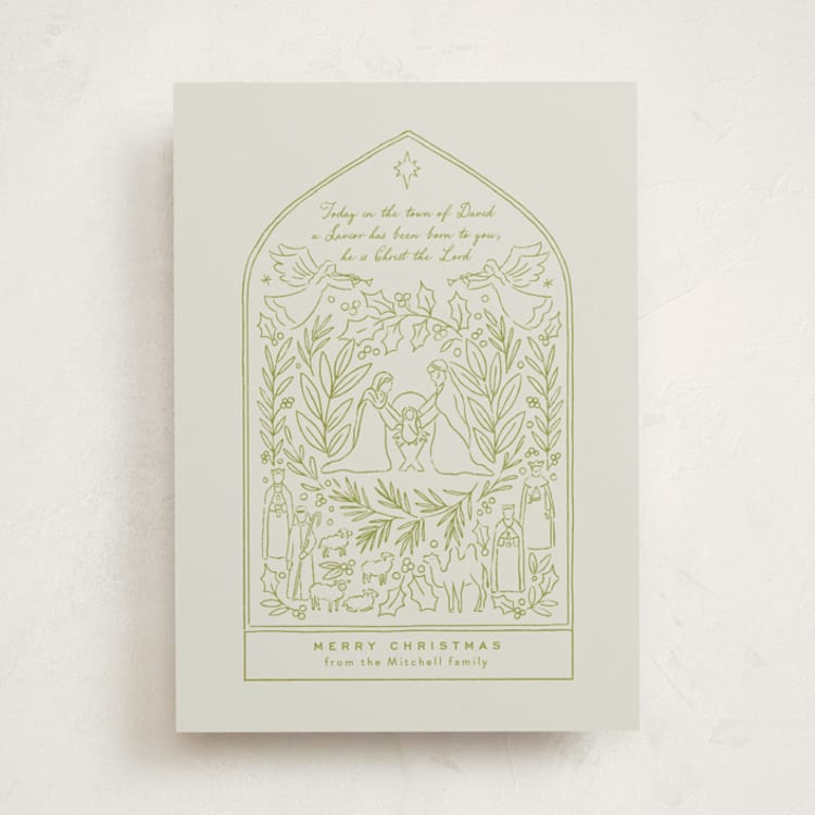 "Nativity Scene" - Holiday Cards in Sage by Alethea and Ruth - Front