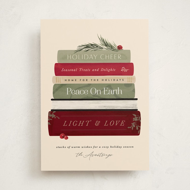 "Book Stack" - Holiday Cards in Sugared Cranberry by Kate Ahn - Front