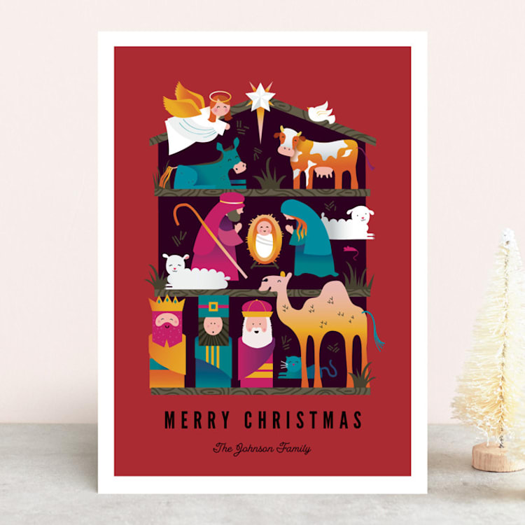 "Nativity Party" - Holiday Cards in Poinsettia by Katie Zimpel - Front