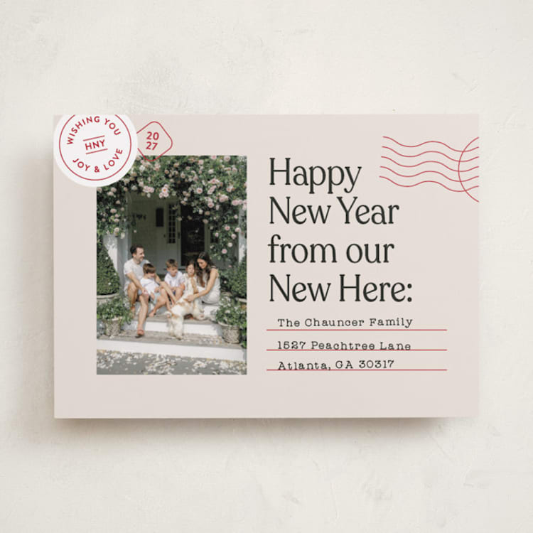 "New Here" - Holiday Cards in Cranberry by Shari Margolin - Front
