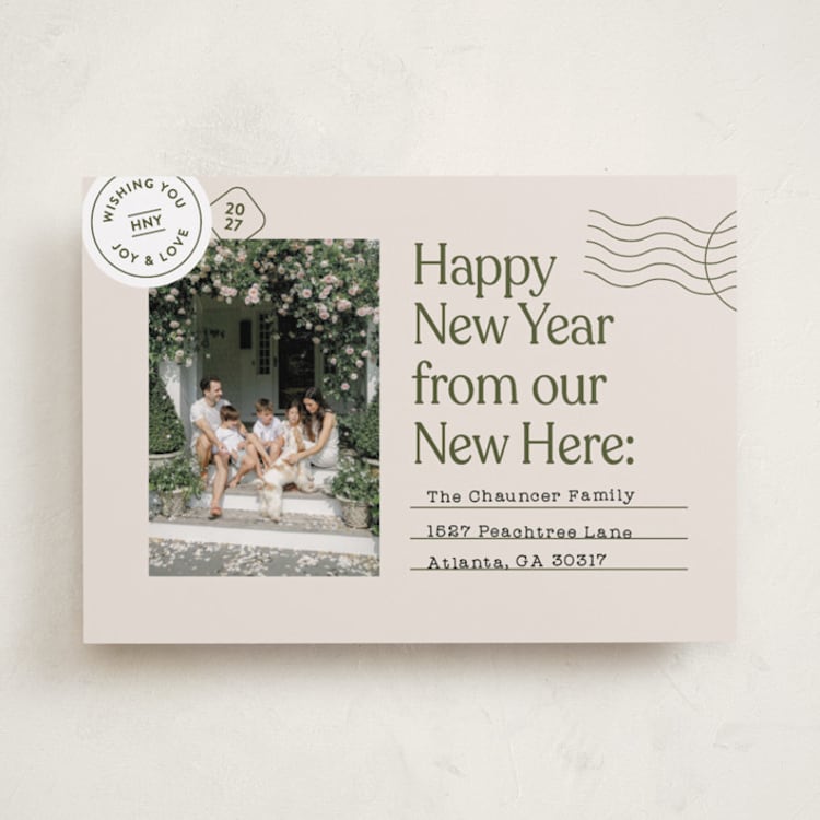 "New Here" - Holiday Cards in Evergreen by Shari Margolin - Front