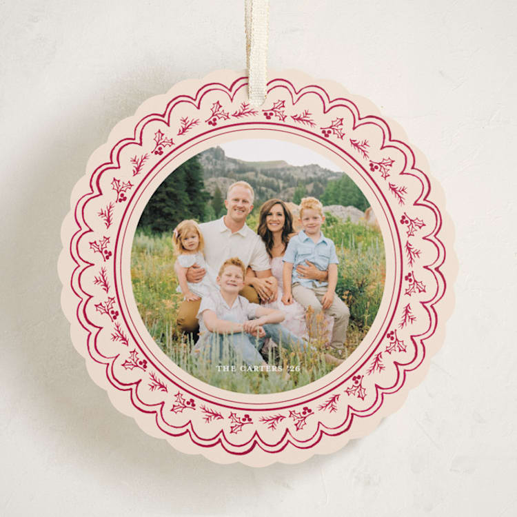 "Scalloped Holly" - Holiday Ornament Cards in Cranberry by Teju Reval - Front