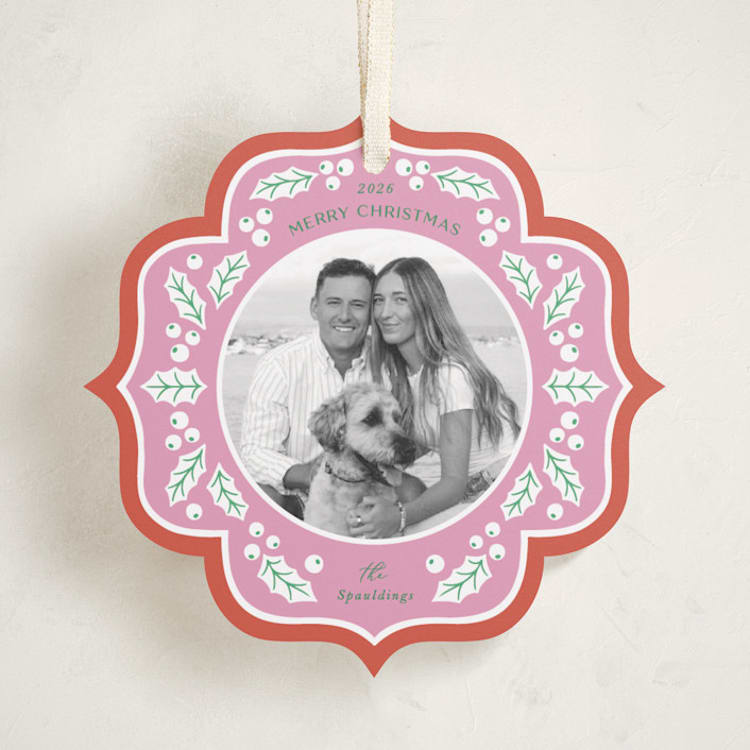 "Holly Frame" - Holiday Ornament Cards in Candy Cane by Brandy Folse - Front