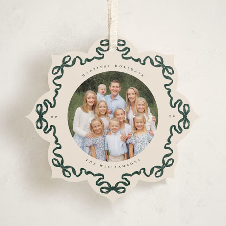 "Bow Ornament" - Holiday Ornament Cards in Pine Needle by Jenna Holcomb - Front