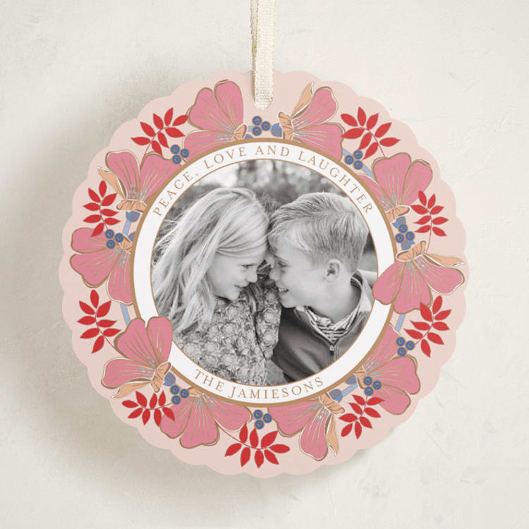 "Joyful Wreath" - Holiday Ornament Cards in Blueberry Peach by Katrina Marquet - Front