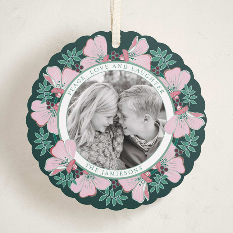 "Joyful Wreath" - Holiday Ornament Cards in Emerald Rose by Katrina Marquet - Front