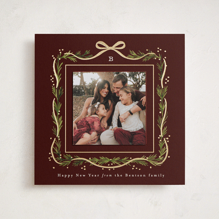 "Garland Border" - Foil-Pressed Holiday Photo Mount Cards in Mocha by Alethea and Ruth - Front