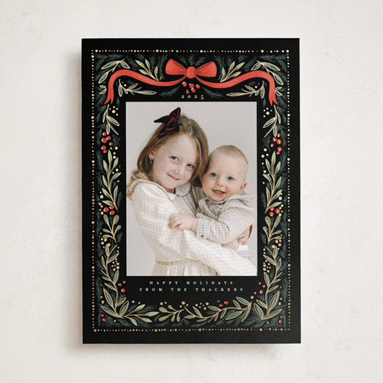 "Festive Ribbon & Fir" - Foil-Pressed Holiday Photo Mount Cards in Midnight by Hannah Williams - Front