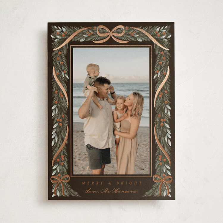 "Garland Frame" - Foil-Pressed Holiday Photo Mount Cards in Hot Cocoa by Leah Bisch - Front