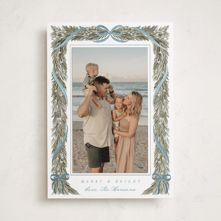 "Garland Frame" - Foil-Pressed Holiday Photo Mount Cards in Frost by Leah Bisch - Front