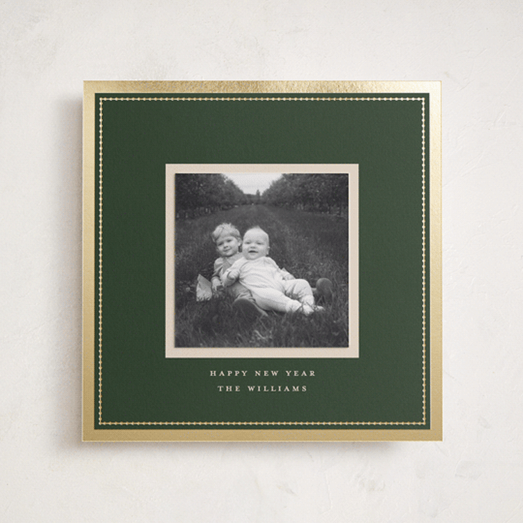 "Christmas Keepsake" - Foil-Pressed Holiday Photo Mount Cards in Pine by Robert and Stella - Front