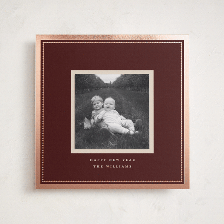 "Christmas Keepsake" - Foil-Pressed Holiday Photo Mount Cards in Fig by Robert and Stella - Front