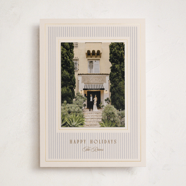 "Lux" - Foil-Pressed Holiday Photo Mount Cards in Mist by Pixel and Hank - Front