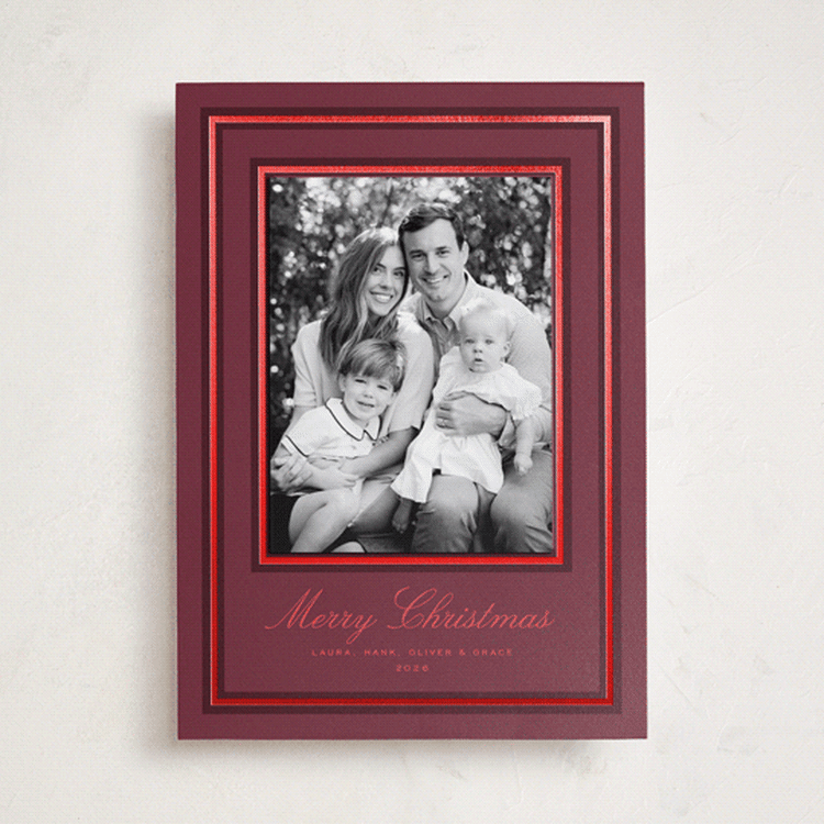 "Classic Tidings" - Foil-Pressed Holiday Photo Mount Cards in Plum by Alston Foster - Front