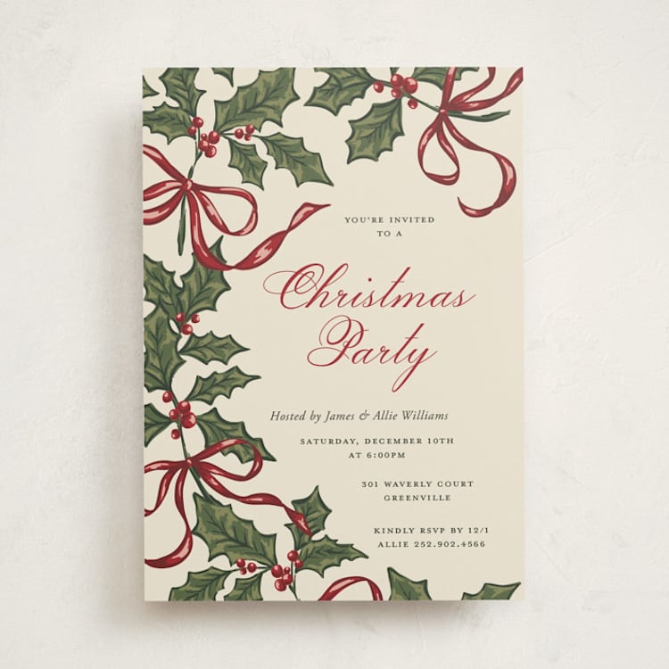 "Holly Ribbons" - Party Invitations in Holly Berry by Holton Art and Design - Front