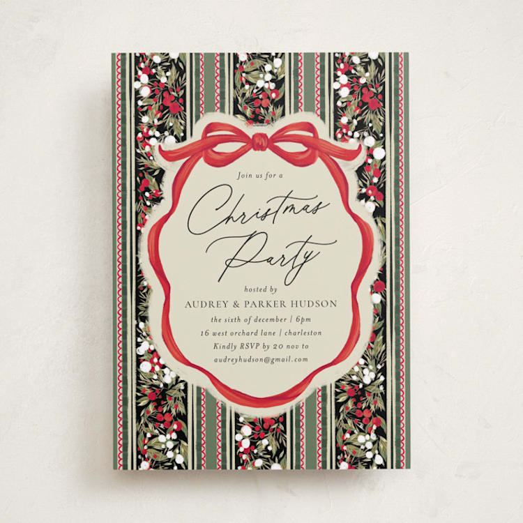 "Holiday Ribbon" - Party Invitations in Ruby by Jackie Crawford - Front