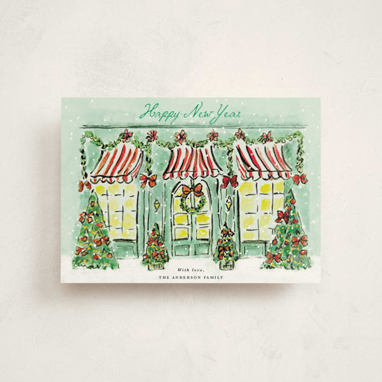 "The Jolly Storefront" - Holiday Cards in Frosted Mint by Cass Loh - Front