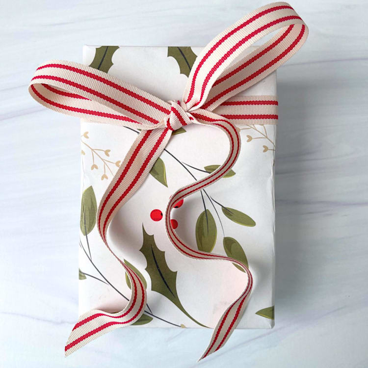 "Cream and Red Ticking Holiday Ribbon - 5/8" x 15 feet" - Holiday Ribbons and Bows in red by Honey Silks Co