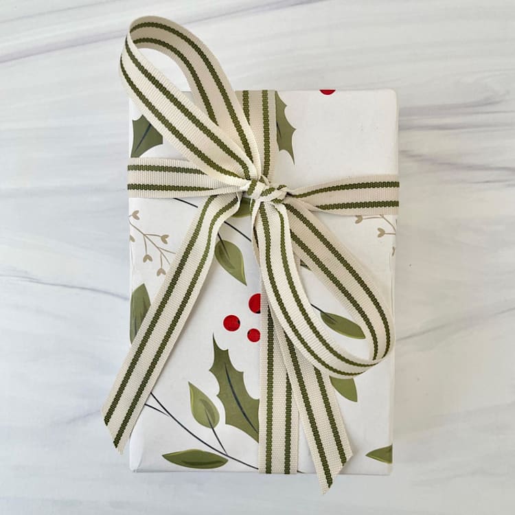 "Cream and Green Ticking Holiday Ribbon 5/8" x 15 feet" - Holiday Ribbons and Bows in green by Honey Silks Co
