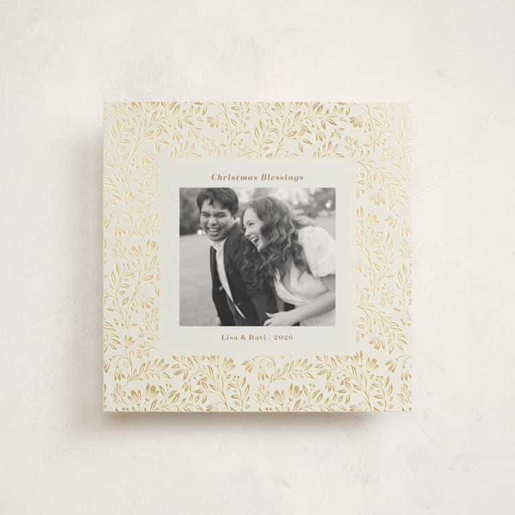 Leafy Pattern Foil-Pressed Holiday Square Cards