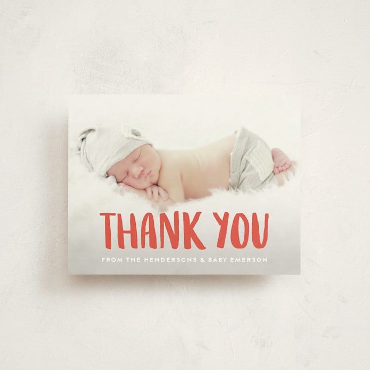 "Hey Baby!" - Flat Baby Shower Thank You Cards in Coral by Kim Chow - Front