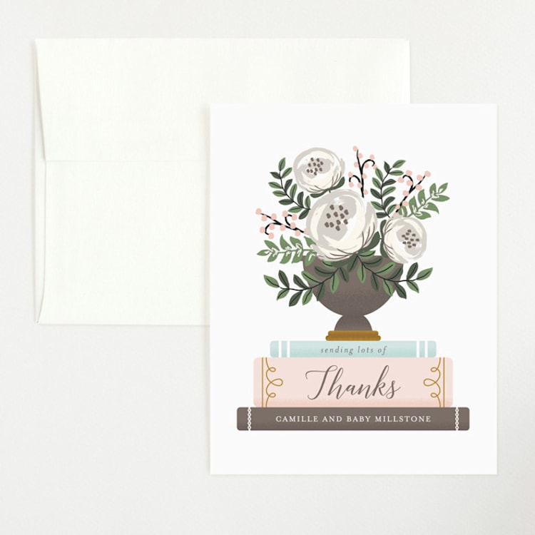 "Storybook Stack" - Flat Baby Shower Thank You Cards in Peony by Lehan Veenker - Front