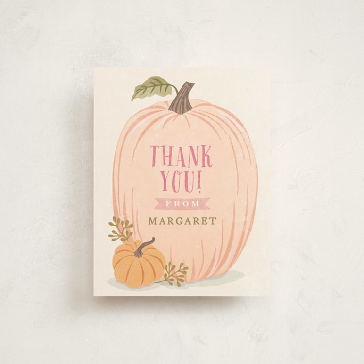 "Autumn Pumpkin" - Flat Baby Shower Thank You Cards in Peach by Karidy Walker - Front