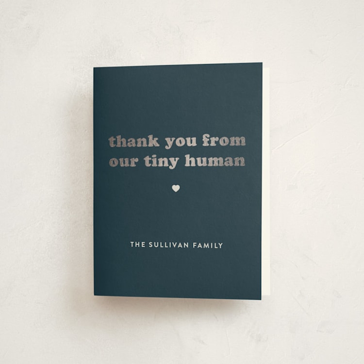 "Tiny Human" - Foil-Pressed Baby Shower Thank You Cards in Whale by Corinne Malesic - Front